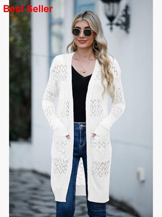 Lightweight Crochet Open-Front Cardigan Sweater with Pockets - Picture 5 of 7